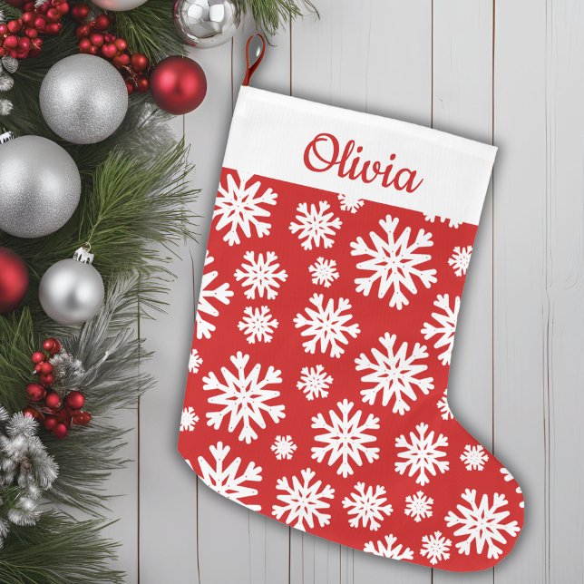 Grande Chaussette De Noël Flocon De Neige Rouge Et Blanc Classique Personnal (Red And White Snowflake Classic Personalized Large Christmas Stocking)
