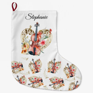 Grande Chaussette De Noël Floral Violins Gold Music Notes Noël