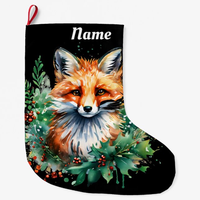 Grande Chaussette De Noël Fox et Holly avec baies rouges (Devant)