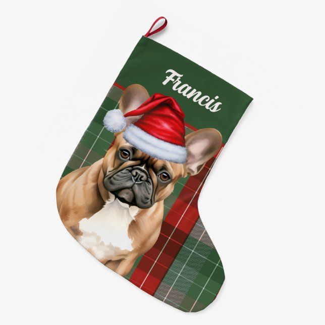 Grande Chaussette De Noël French Bulldog Holiday Plaid and Dogs Name (Devant (Accrochage))