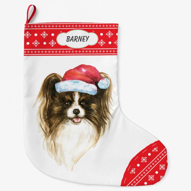 Grande Chaussette De Noël Frontière de Santa Hat Papillon Dog Snowflake (Devant)
