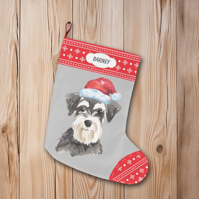 Grande Chaussette De Noël Frontière de Santa Hat Schnauzer Snowflake (Créateur téléchargé)