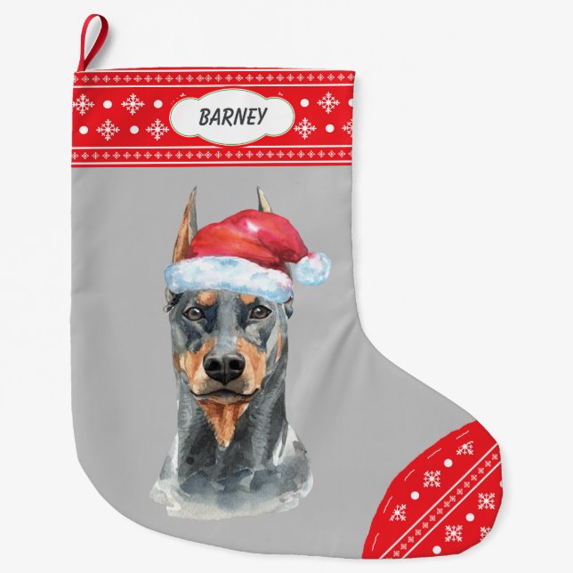 Grande Chaussette De Noël Frontière de Snowflake de Santa Hat Doberman (Devant)