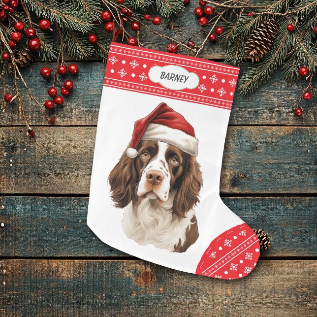 Grande Chaussette De Noël Frontière du flocon de neige Springer Spaniel Sant (Créateur téléchargé)