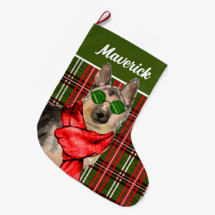 Grande Chaussette De Noël German Shepherd and Plaid with Dog's