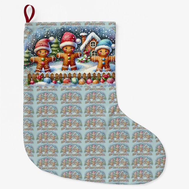 Grande Chaussette De Noël Gingerbread Family Snowy Christmas Scene (Devant)