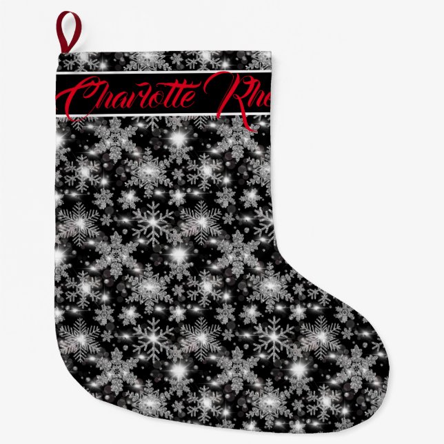 Grande Chaussette De Noël Glittery argent fêtes de neige motif (Devant)