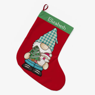 Grande Chaussette De Noël Gnome Rouge Vert Noël Fête Personnalisée
