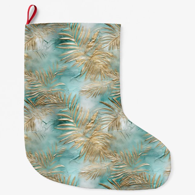 Grande Chaussette De Noël Gold Aqua White Feuilles tropicaux (Devant)