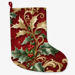 Grande Chaussette De Noël Gold Green Feuille Red Christmas Holiday Stocking