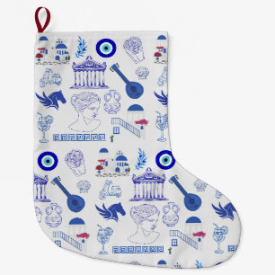 Grande Chaussette De Noël Grèce Bleu et Blanc