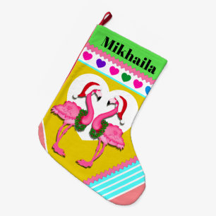 Grande Chaussette De Noël Gros Flamant rose en polaire