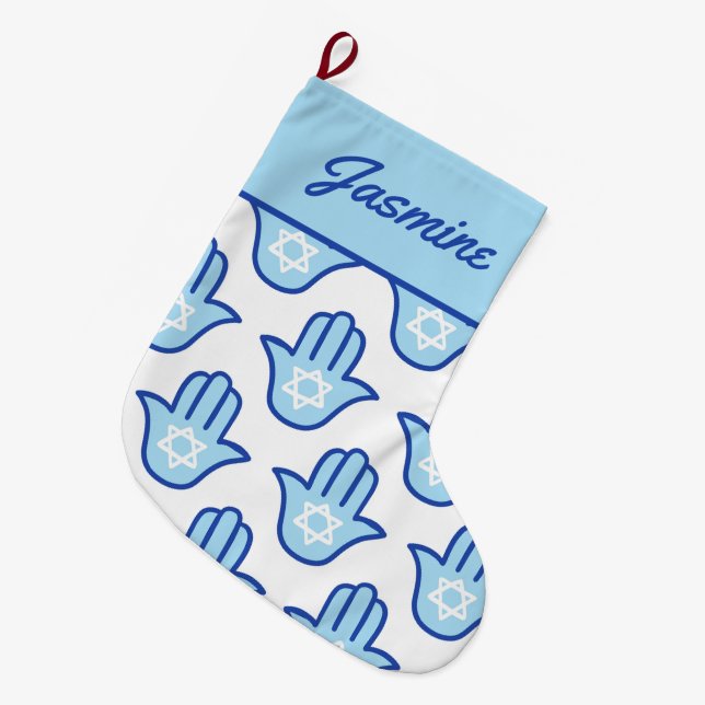 Grande Chaussette De Noël Hamsa Main Juif Star Bleu Hanoukka Stocking (Devant (Accrochage))