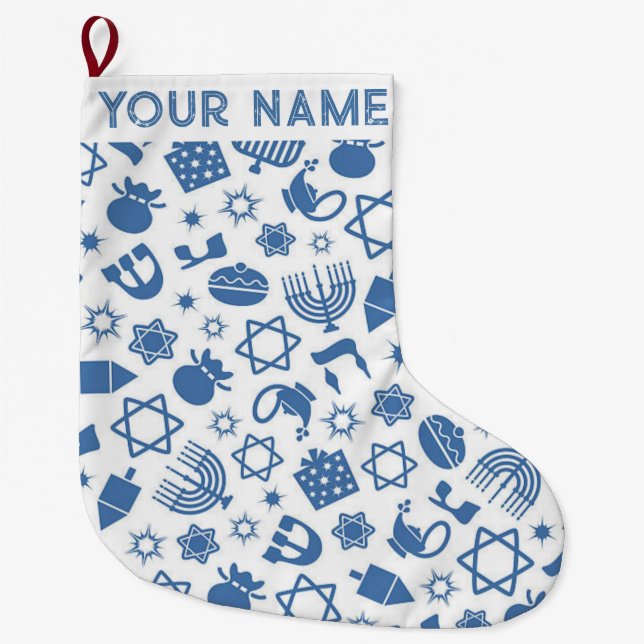 Grande Chaussette De Noël Hanoukka Chanukah Bleu moderne Noël juif (Devant)