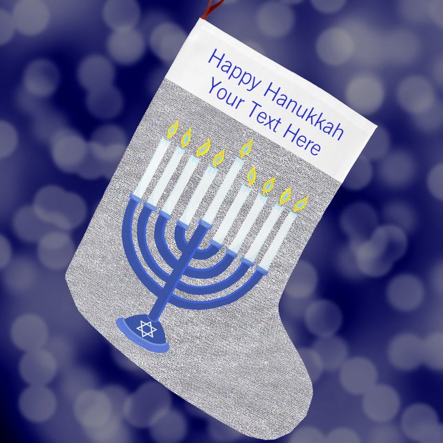 Grande Chaussette De Noël Hanoukka Dark Blue Menorah Silver Chrismukkah (Add your custom text to this Happy Hanukkah Christmas stocking and celebrate interfaith holidays)