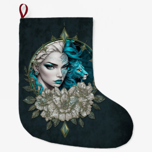 Grande Chaussette De Noël Harmonie des éléments, la femme avec le lion.