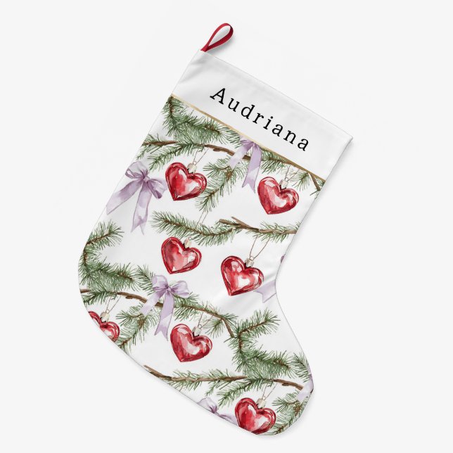 Grande Chaussette De Noël Hearts Trees Red Purple Bows Christmas (Devant (Accrochage))