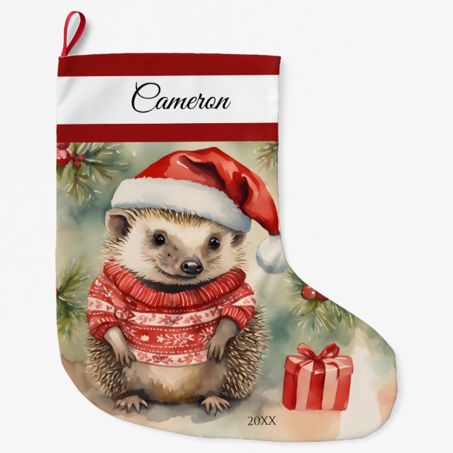 Grande Chaussette De Noël Hérisson Personnalisé Grande réserve de Noël (Devant)