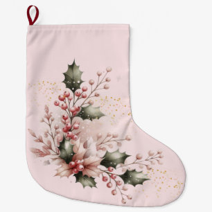 Grande Chaussette De Noël Houx et Baies Rose Pâle