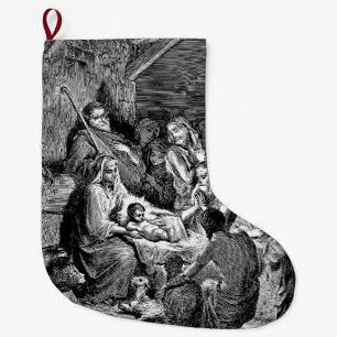 Grande Chaussette De Noël Illustrated Christmas Nativity Scene