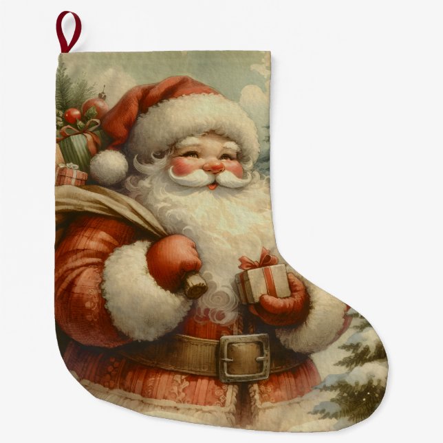 Grande Chaussette De Noël Illustration du Père Noël rétro (Devant)