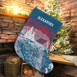 Grande Chaussette De Noël Illustration gravée de paysage d'hiver ❄