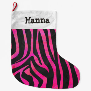 Grande Chaussette De Noël Imprimé zèbre noir et rose fluo