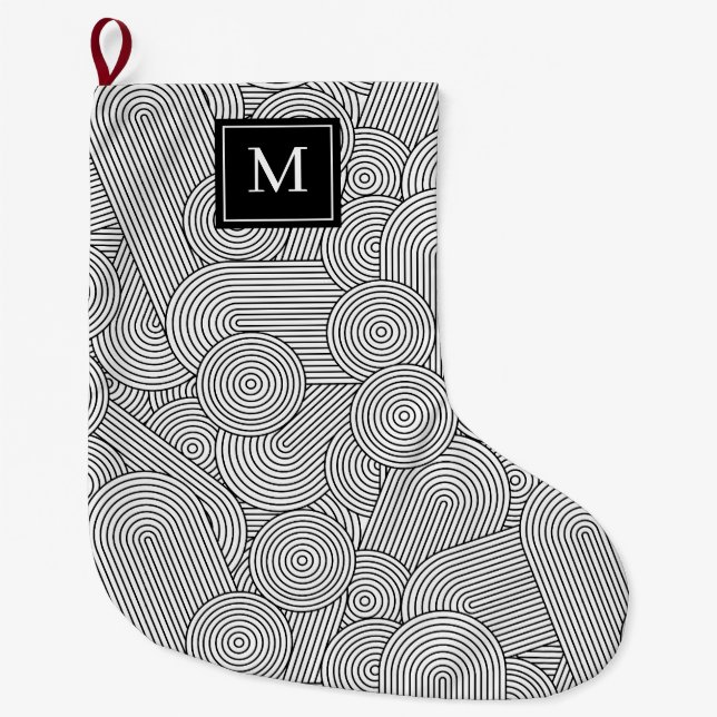 Grande Chaussette De Noël Initiale monogrammée noir et blanc moderne du mili (Devant)