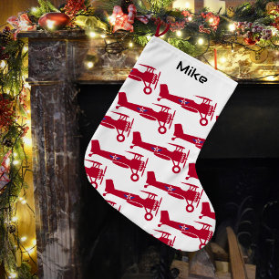 Grande Chaussette De Noël Joli avion rouge pour garçon, Petit aviateur perso