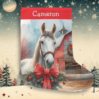 Grande Chaussette De Noël Joli Cheval Blanc Personnalisé