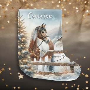 Grande Chaussette De Noël Joli Cheval Brown et Blanc Personnalisé