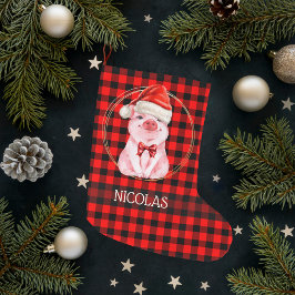 Grande Chaussette De Noël Joli Cochon De Noël Avec Buffalo Plaid Rouge Drôle