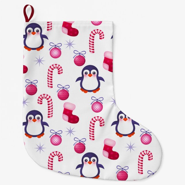Grande Chaussette De Noël Joli Motif de Noël rose et blanc avec des pingouin (Devant)