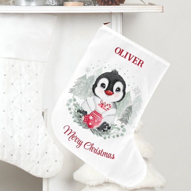 Grande Chaussette De Noël Joli Noël Stocker Penguin Nom des enfants (Cute Christmas Stocking Penguin Kids Name)