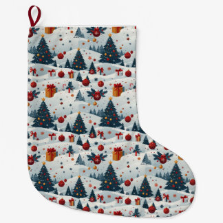 Grande Chaussette De Noël Joli papier cadeau à motif de sapins de Noël