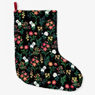 Grande Chaussette De Noël Jolie aquarelle Floral Noir Botanique