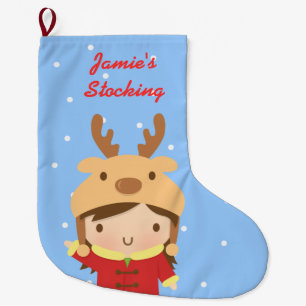 Grande Chaussette De Noël Jolie Fille aux Rennes Noël Pour Enfants