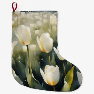 Grande Chaussette De Noël Jolie tulipe blanche jardin aquarelle peinture