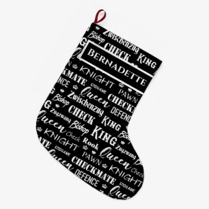 Grande Chaussette De Noël Joueur d'échecs noir et blanc Noms de pièce d'éche