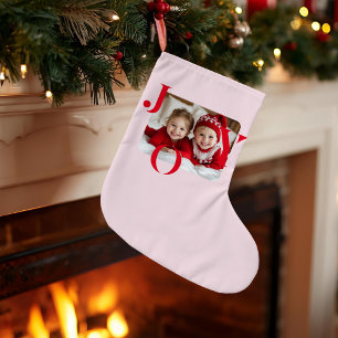 Grande Chaussette De Noël JOY Photo personnalisée de Noël rouge et rose