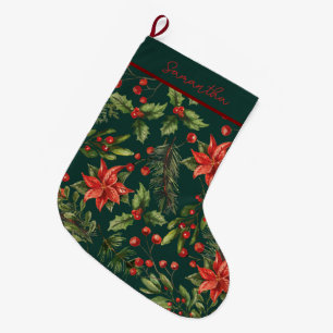 Grande Chaussette De Noël Joyeuses Fêtes Aquarelle Botanique Personnalisée