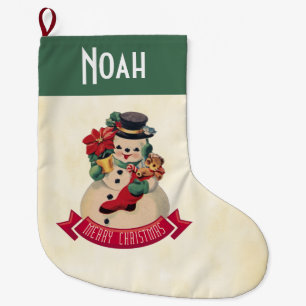 Grande Chaussette De Noël Joyeux Noël Bonhomme de Neige Vintage