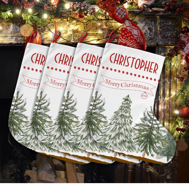 Grande Chaussette De Noël Joyeux Noël Botanique Vert Nom personnalisé (Créateur téléchargé)