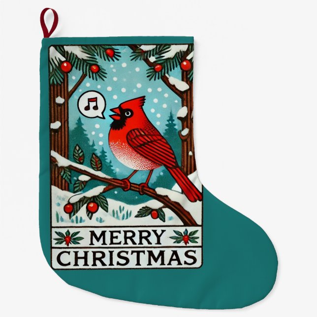 Grande Chaussette De Noël Joyeux Noël Nord Cardinal Rouge (Devant)