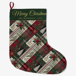 Grande Chaussette De Noël Joyeux Noël Rustique Plaid Motif