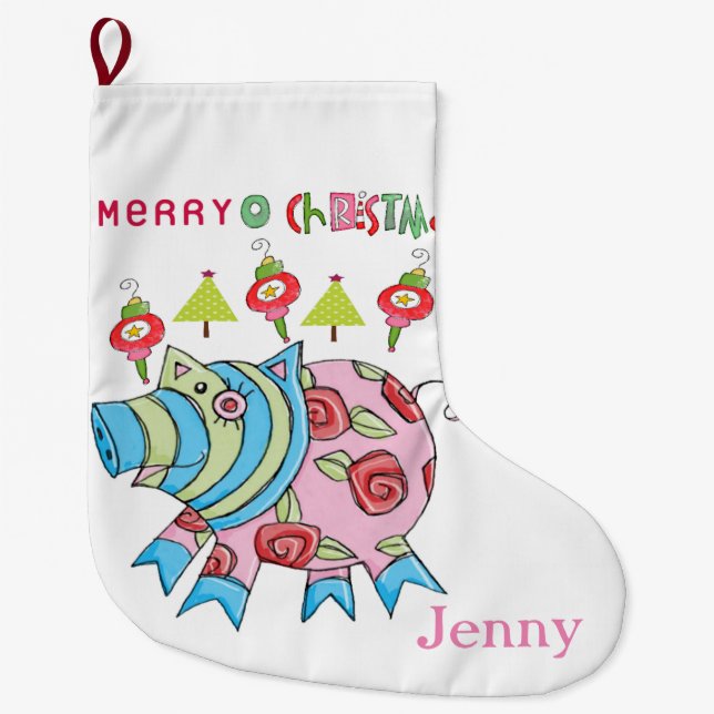 Grande Chaussette De Noël Joyeux Noël Stocker, Cochon Rose (Devant)