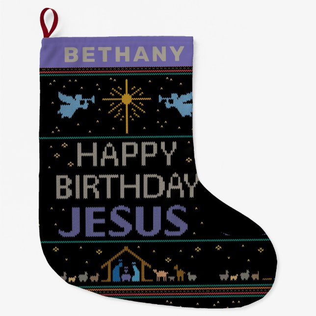 Grande Chaussette De Noël Joyeux pull de Noël Joyeux anniversaire Jésus Dieu (Devant)