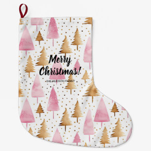 Grande Chaussette De Noël Joyeux sapin rose or Noël