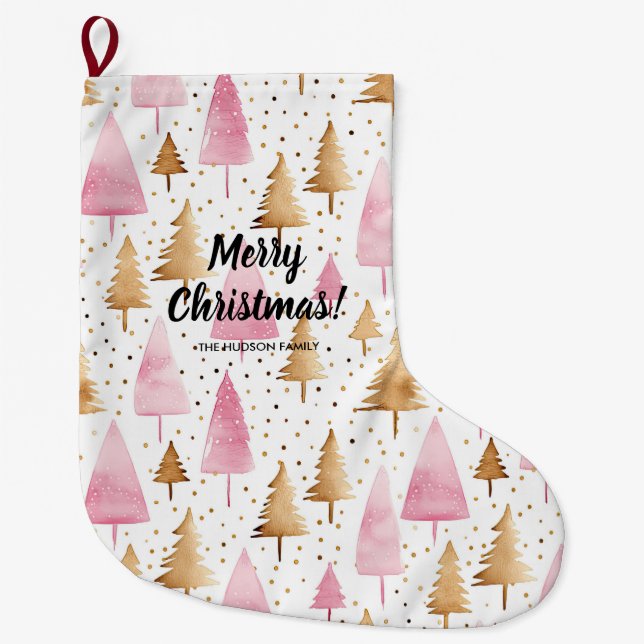 Grande Chaussette De Noël Joyeux sapin rose or Noël (Devant)