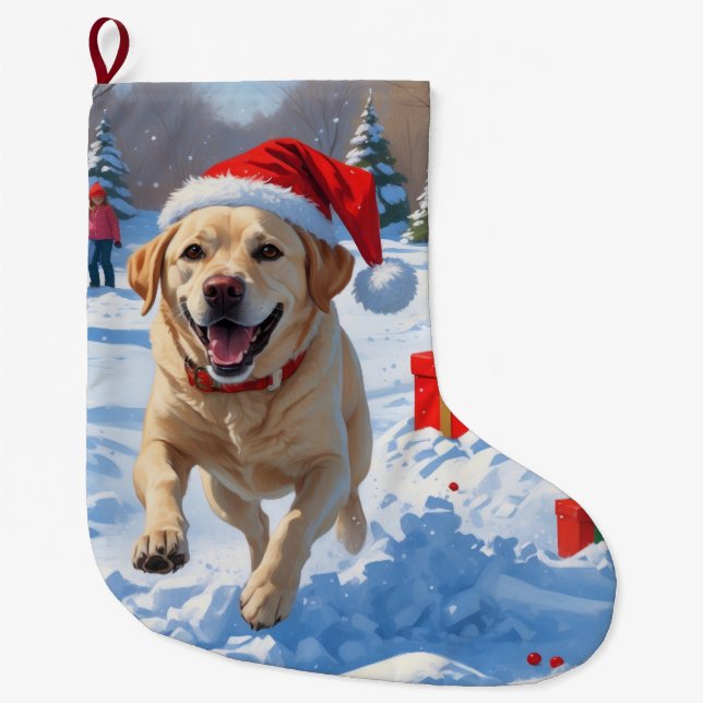 Grande Chaussette De Noël Le chien du Labrador coule dans la neige avec le C (Devant)